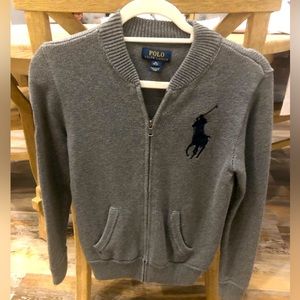 Polo Ralph Lauren Boys cardigan. Size M 10-12 . Grey w/ Navy Blue Logos